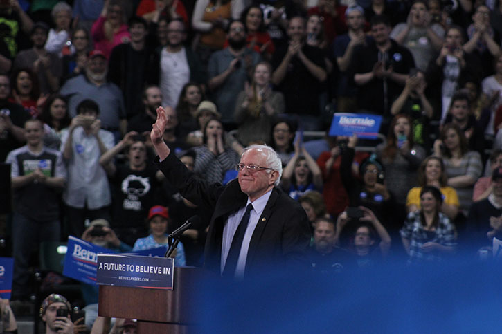 Vermont Sen. Bernie Sanders waves to the audience during his speech at the St. Charles Family Arena, March 14.