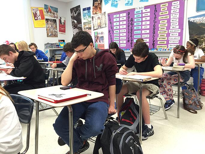 During Spanish I, freshmen prepare for an upcoming test by completing classwork.
