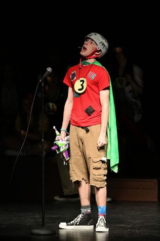 Junior Austin Valenti as Leaf Coneybear, enters a “trance” as he spells his word in the spring play/musical “The 25th Annual Putnam County Spelling Bee” on Saturday Apr. 16. 