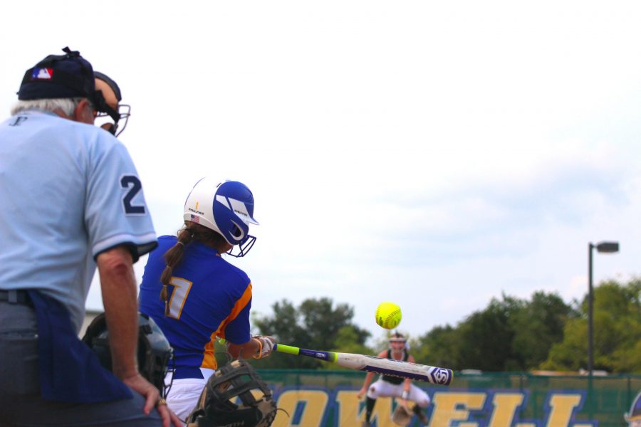 August 12, senior Regan Gremaud (1) hits a single at the softball jamboree against Lindbergh. They won this game against Lindbergh 10-1. The second game they played they lost 2-0. 