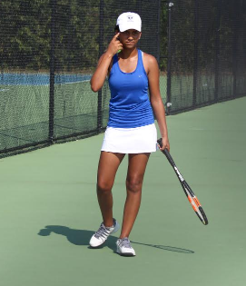 Senior Cameron Lashley thinks about her next move at the Varsity tennis game, Monday, Aug 29. They won 8-1 against Timberland.  