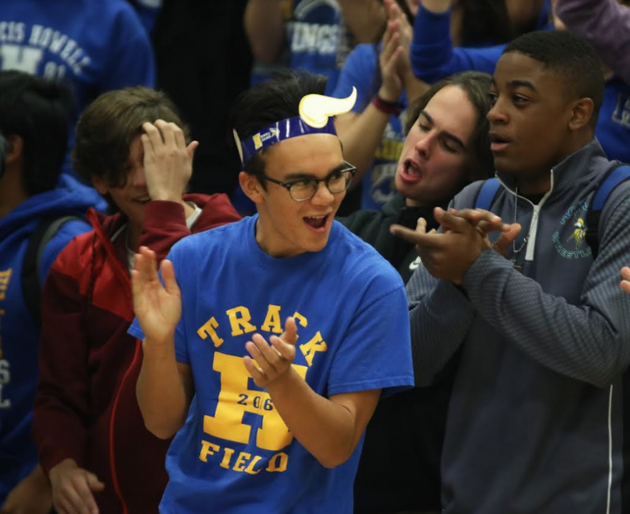 Senior Kane Katubig cheers with the crowd at the morning pep rally, Oct. 28. 