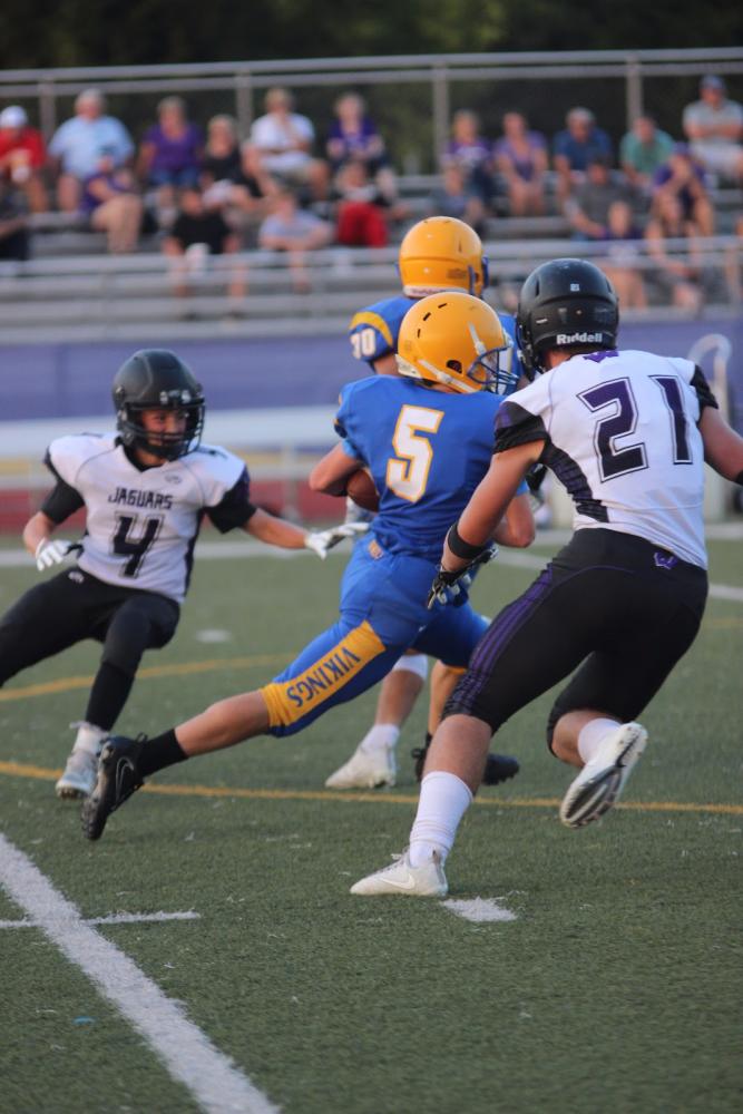 Monday, Sept. 25, freshman football played against Fort Zumwalt West. Freshman Cameron Ryan runs the ball to fight for another first down. “Playing against Fort Zumwalt West was tough because they have quick linebackers,” Ryan said. The game finished with a  tie with no overtime to break it.